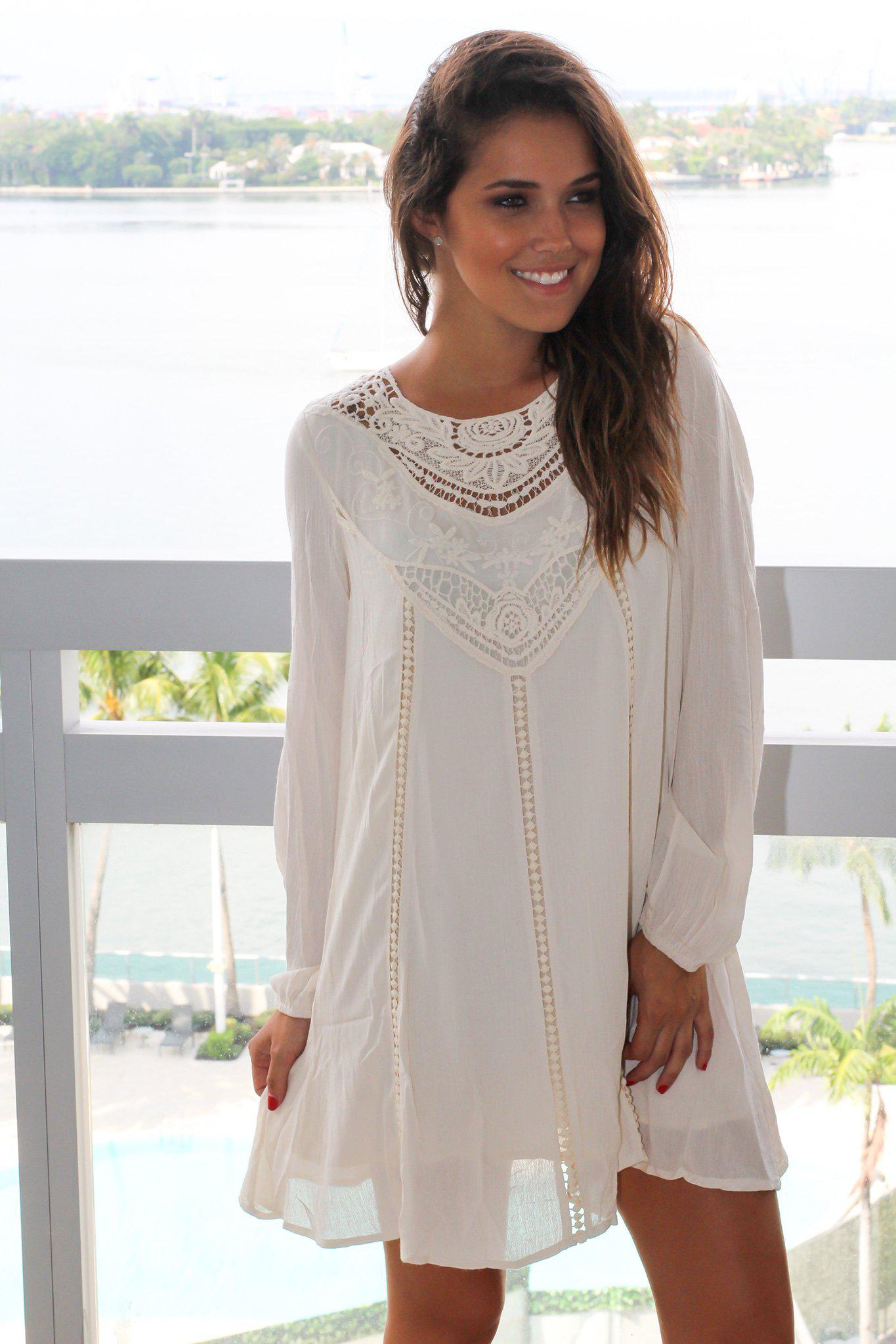 Cream Long Sleeve Short Dress with Crochet Top | Cute Dresses – Saved ...