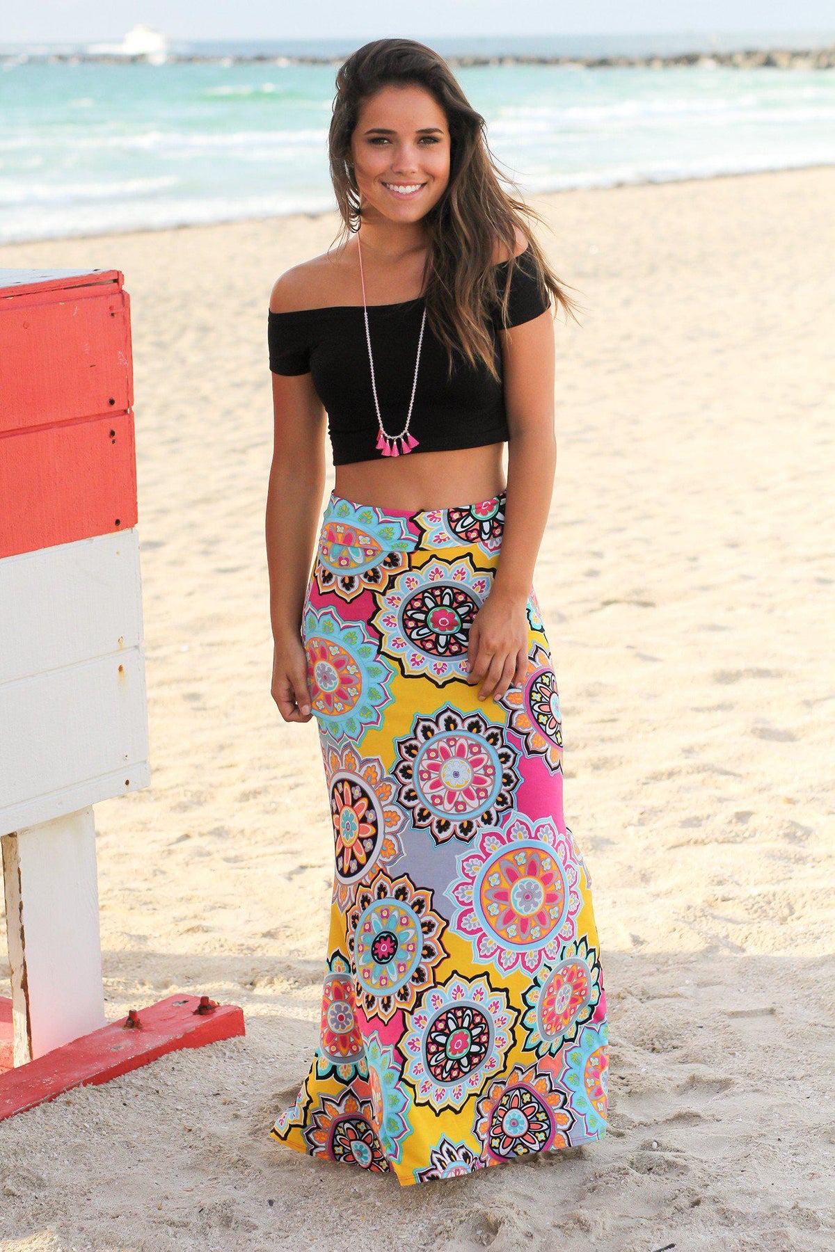 Yellow and Pink Medallion Printed Maxi Skirt | Online Boutiques – Saved ...