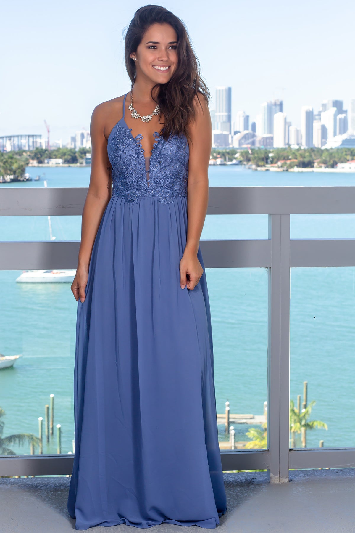 Slate Blue Maxi Dress with Criss Cross Back | Maxi Dresses – Saved by ...