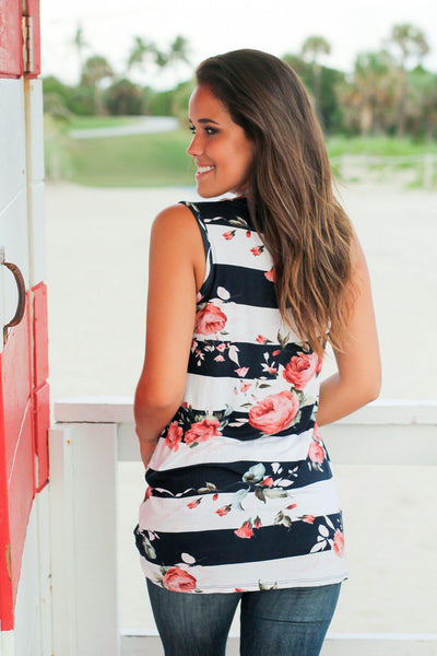 Sleeveless Navy and Ivory Floral Top with Knot