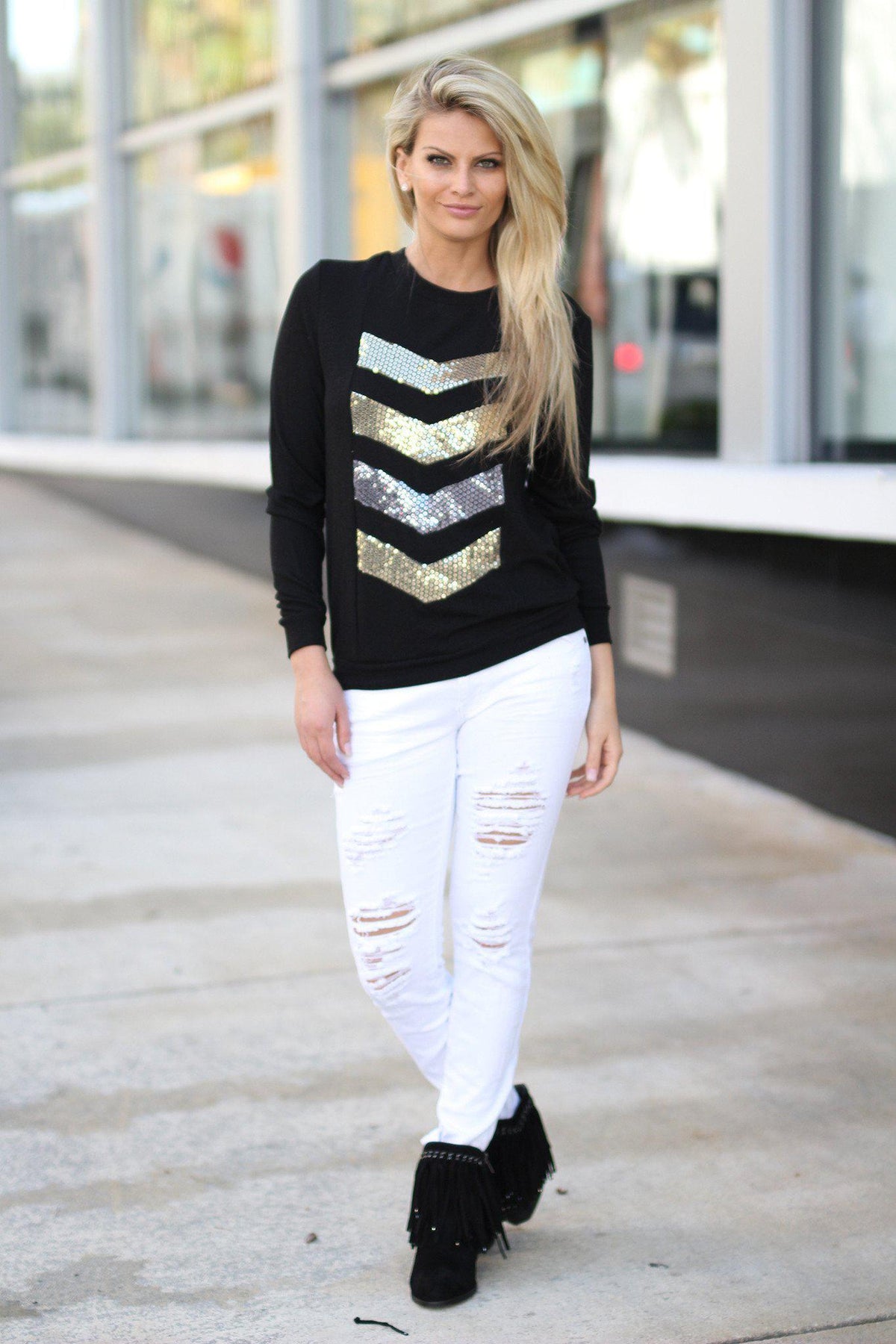 Sequin Chevron Pattern Long Sleeve Top main image 1