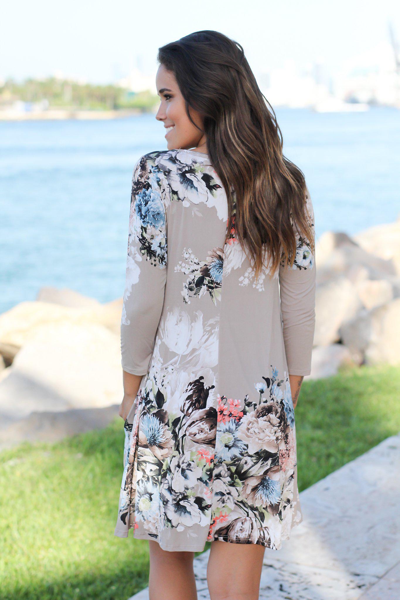 Stone Floral 3/4 Sleeve Shift Dress