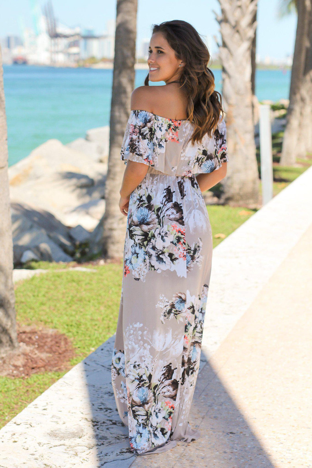 good fun off shoulder maxi dress Stone Floral Off Shoulder Maxi Dress
