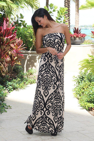 Taupe Maxi Dress With Black Print
