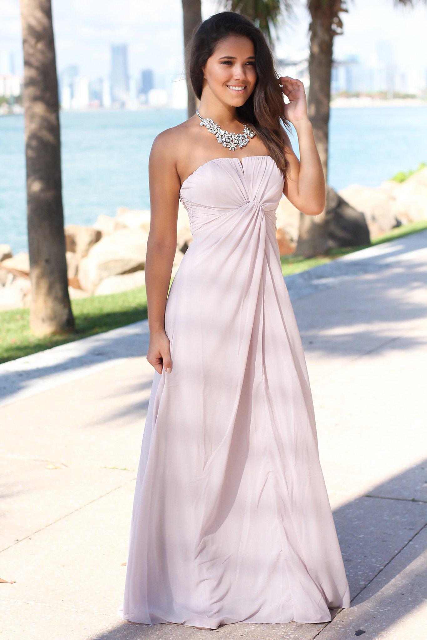 Lilac Gray Strapless Maxi Dress with Knot | Maxi Dresses – Saved by the ...