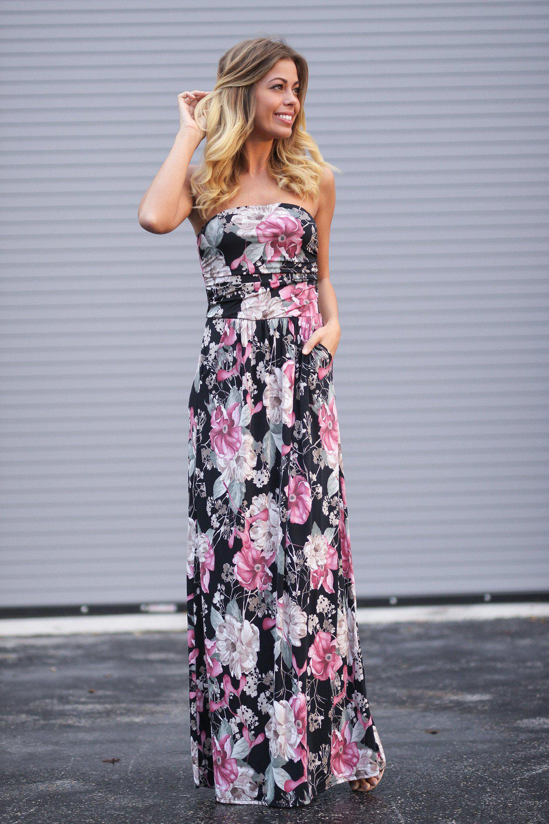 Strapless Pink and Black Floral Maxi Dress with Pockets