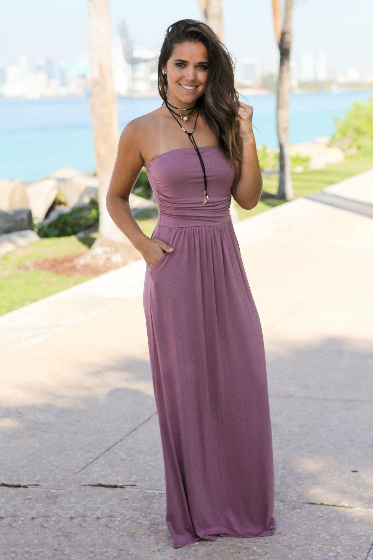Strapless Mauve Maxi Dress with Pockets | Maxi Dresses – Saved by the Dress
