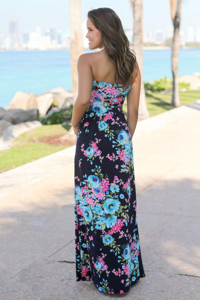 Strapless Navy and Pink Floral Maxi Dress with Pockets