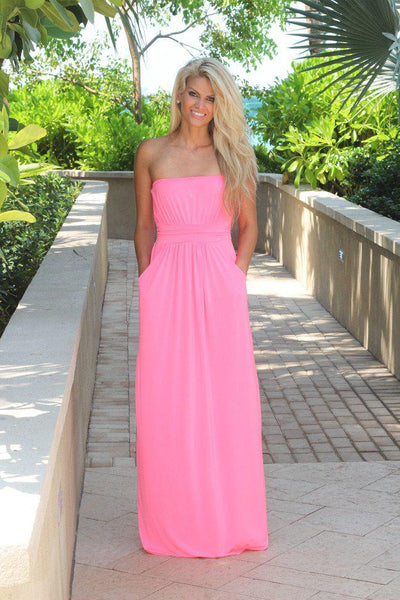 Strapless Neon Pink Maxi Dress With Pockets