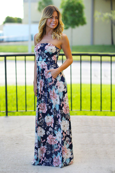 Strapless Peach and Navy Floral Maxi Dress with Pockets