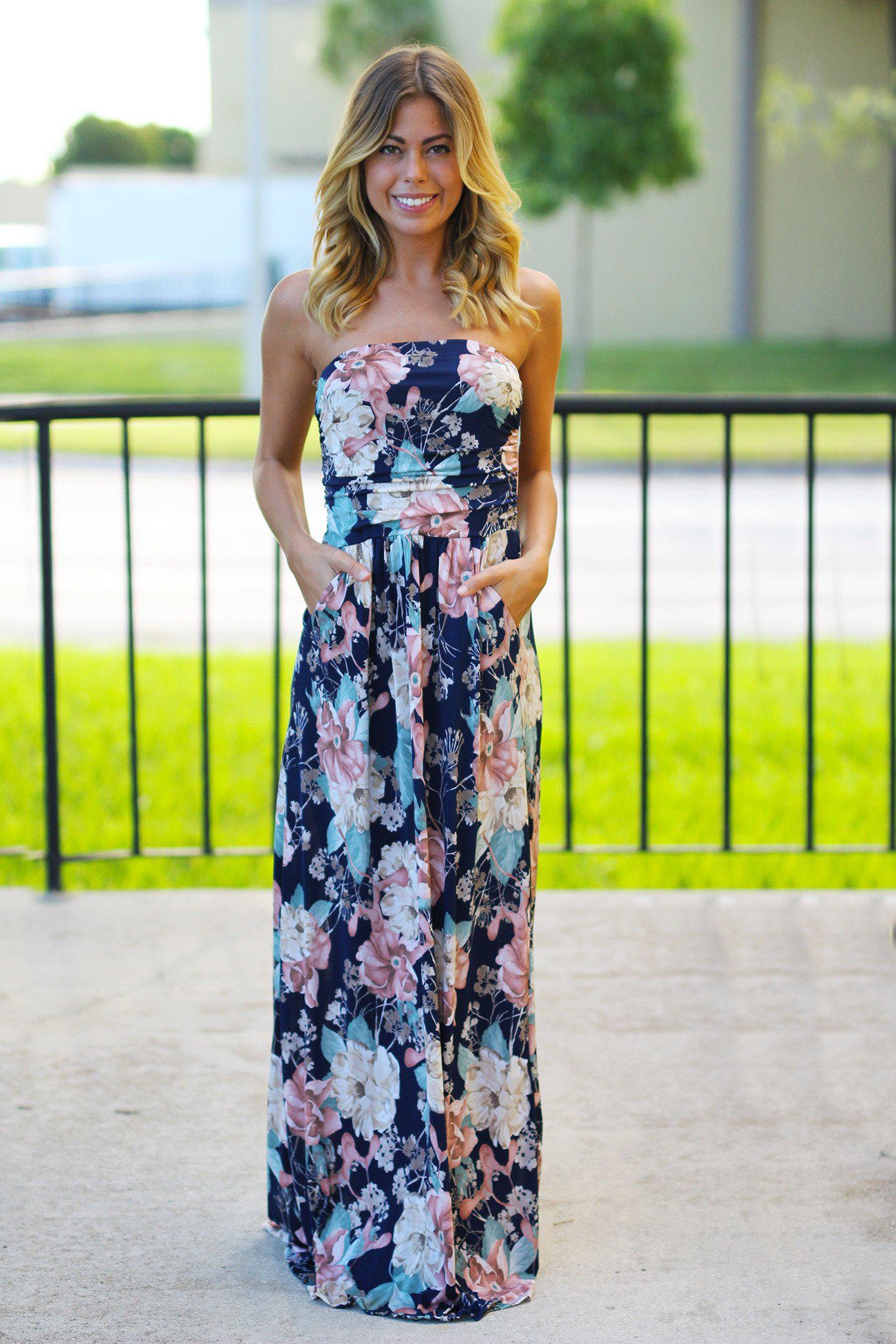 Strapless Peach and Navy Floral Maxi Dress with Pockets | Maxi Dresses ...