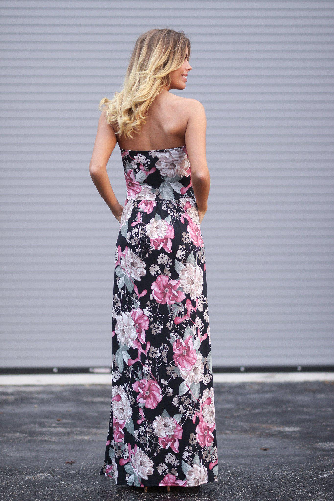 Strapless Pink and Black Floral Maxi Dress with Pockets