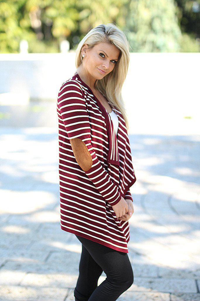 Burgundy Striped Cardigan with Elbow Patches