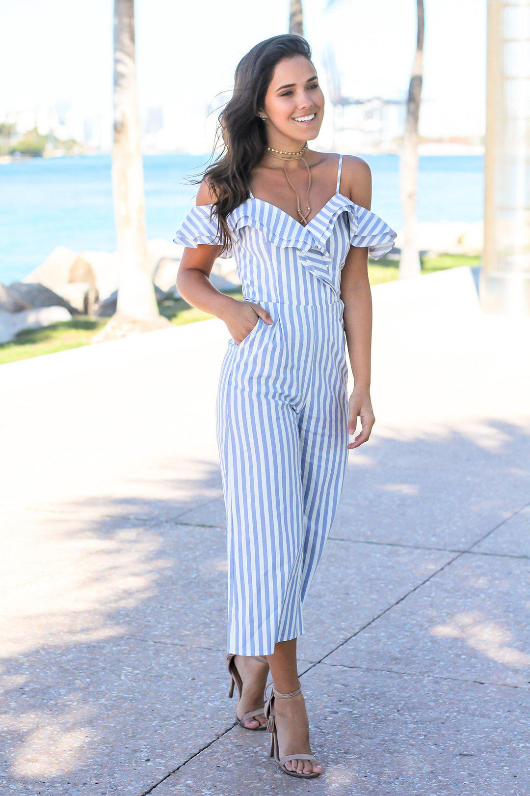 Blue and White Striped Ruffle Jumpsuit Jumpsuits Saved by the Dress