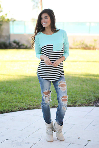 Mint Striped Top With Pocket
