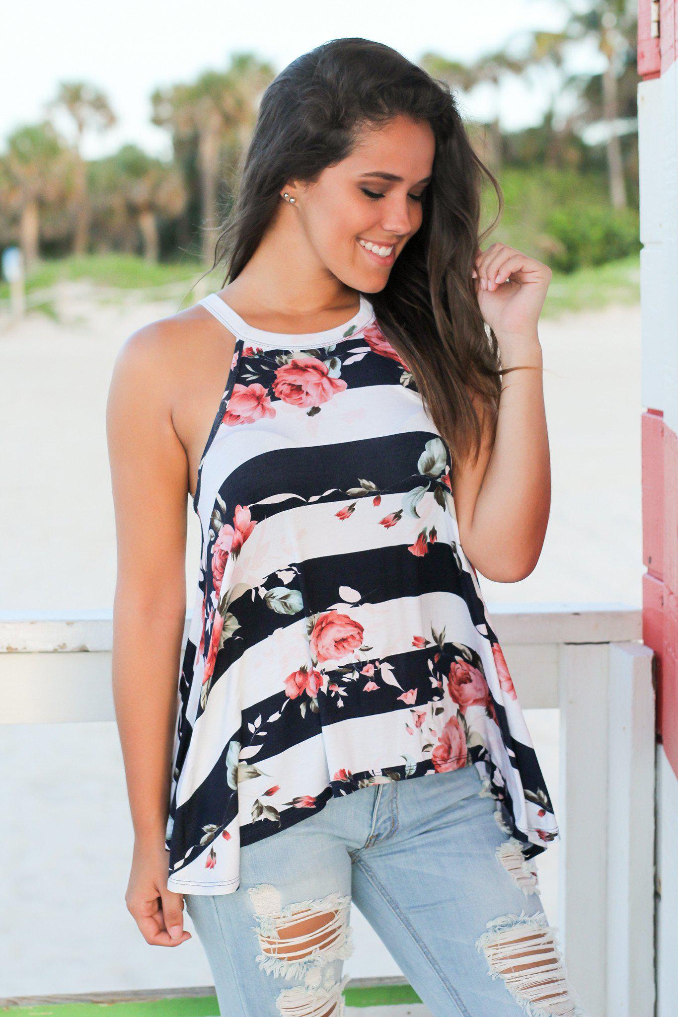 Navy and Ivory Floral Striped Top | Cute Tops – Saved by the Dress