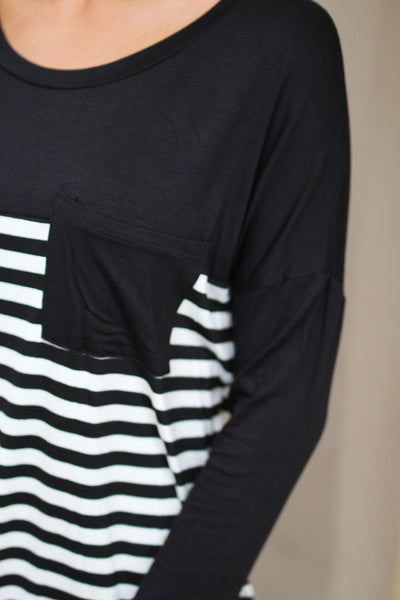 striped top with black pocket