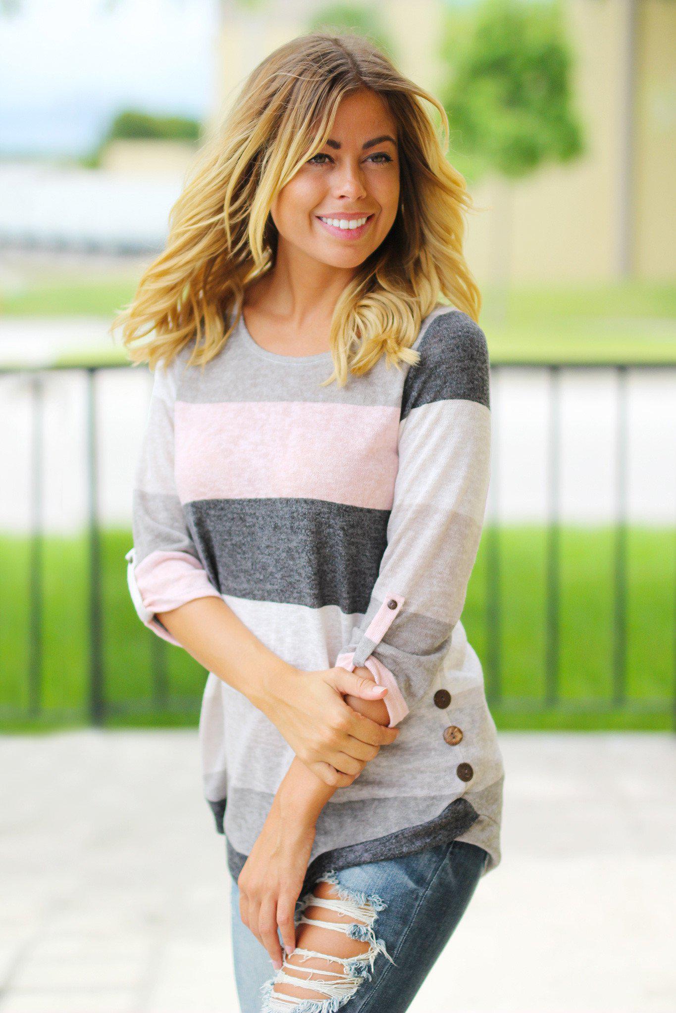 Pink and Charcoal 3/4 Sleeve Top with Buttons