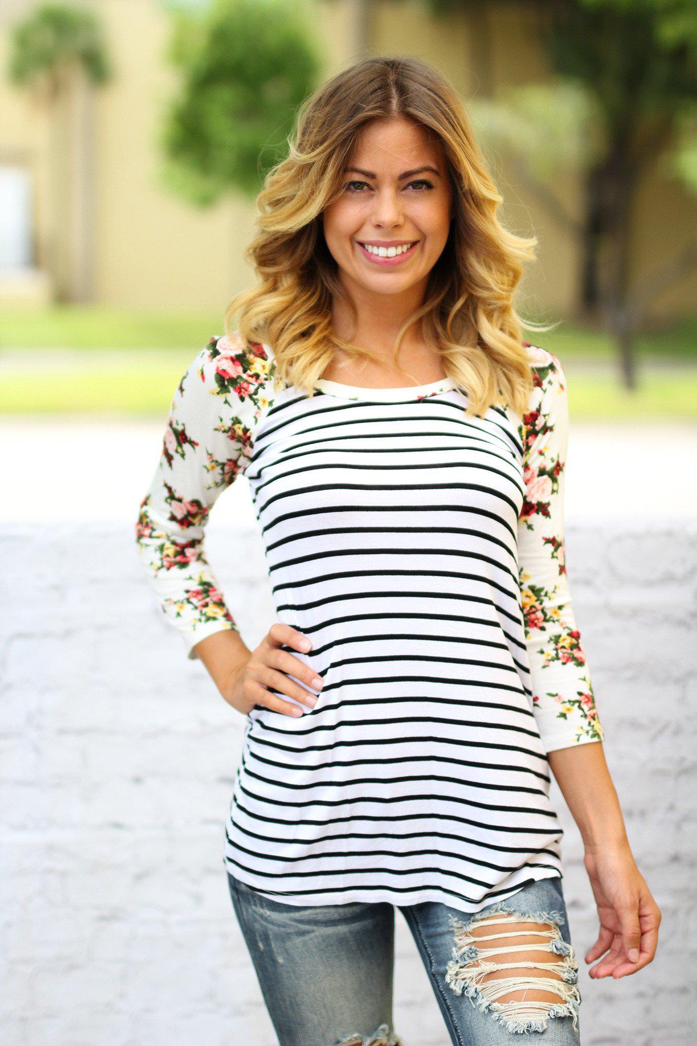 White Striped top with Floral Sleeves