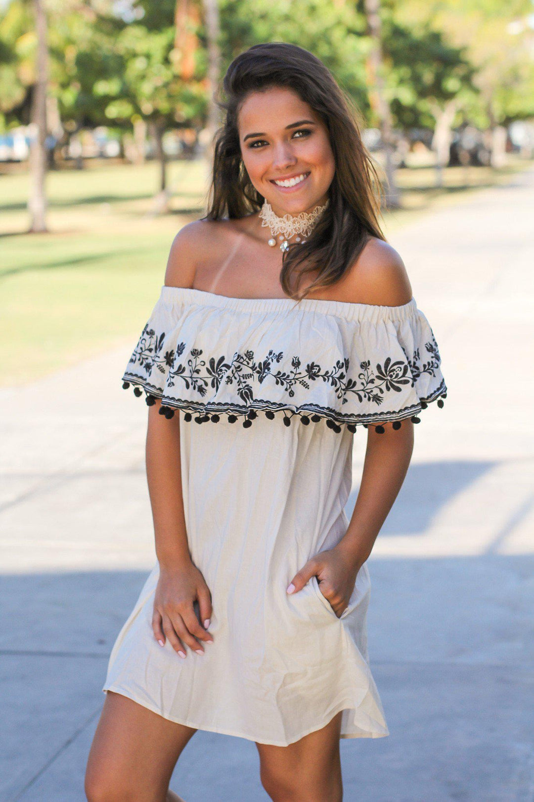 Off Shoulder Embroidered Pom Pom Dress
