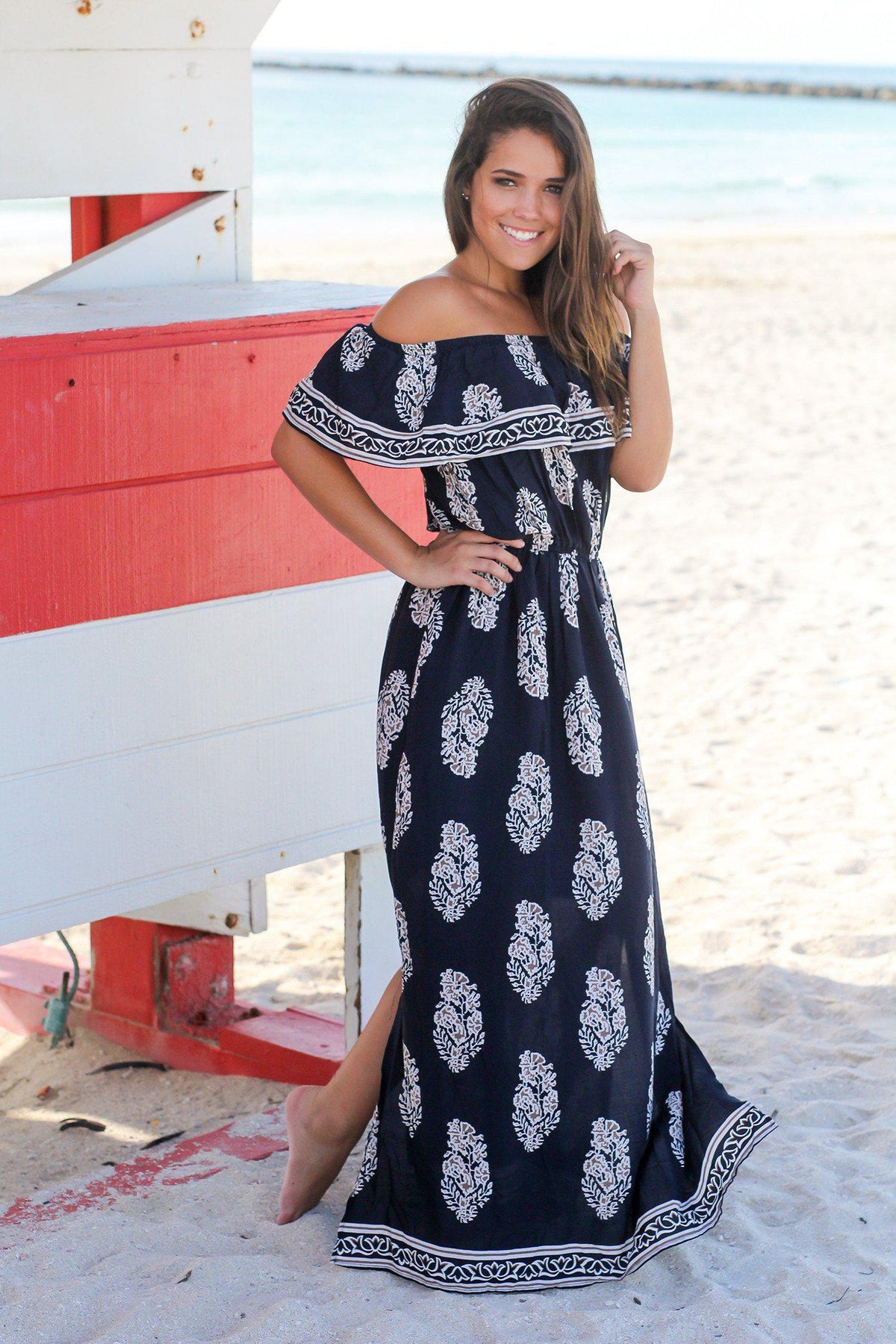 Navy and Mocha Off Shoulder Maxi Dress | Maxi Dresses – Saved by the Dress