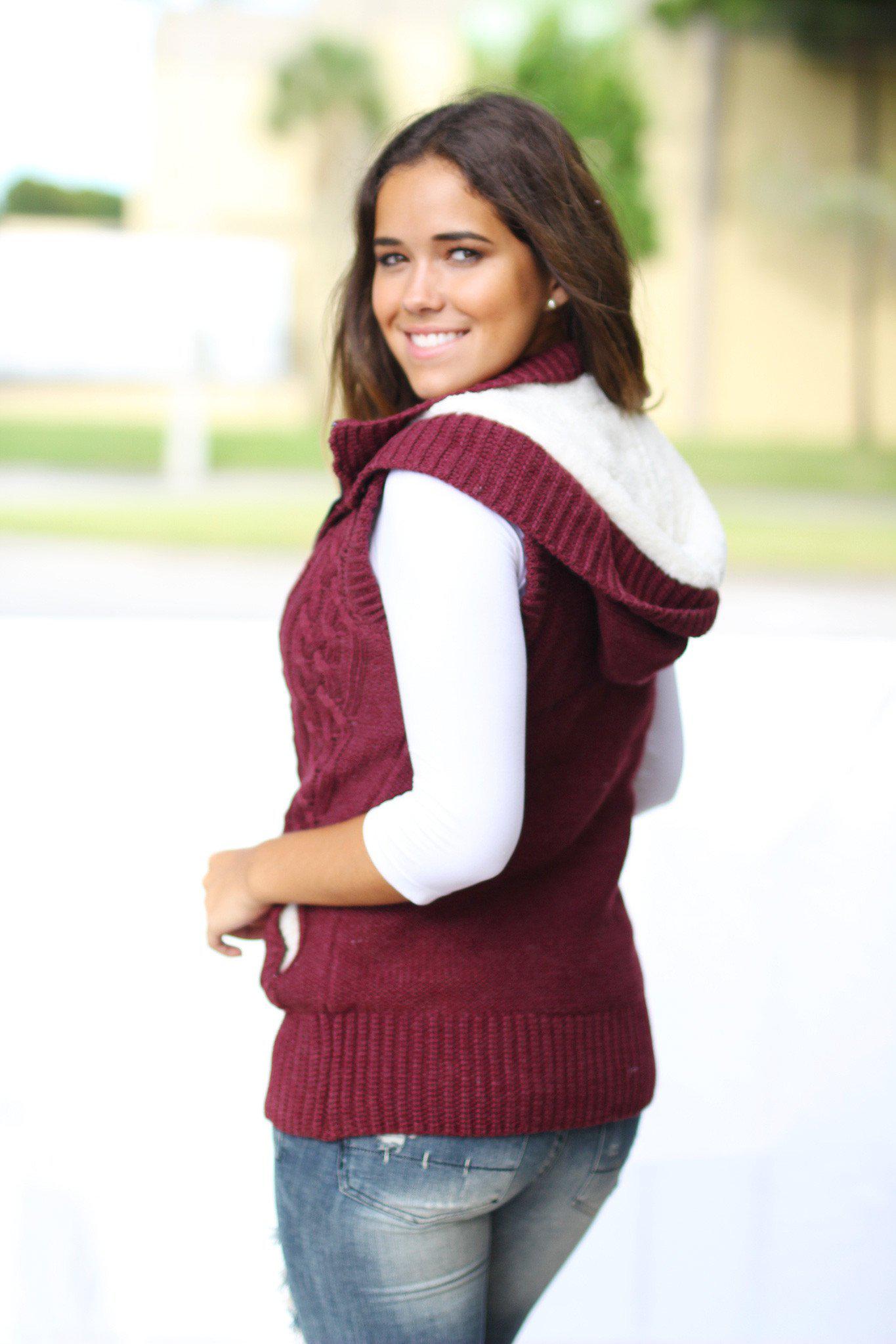 Wine Sweater Vest With Fur