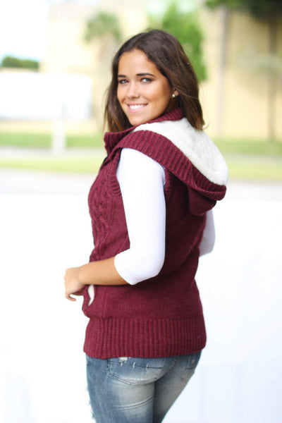 Wine Sweater Vest With Fur