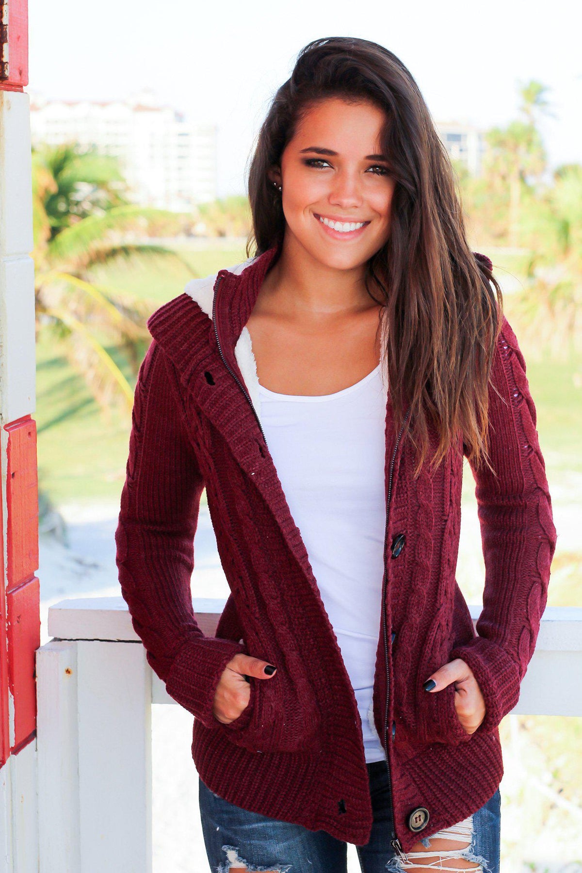 Burgundy Sweater With Fur Hood | Sweaters – Saved by the Dress