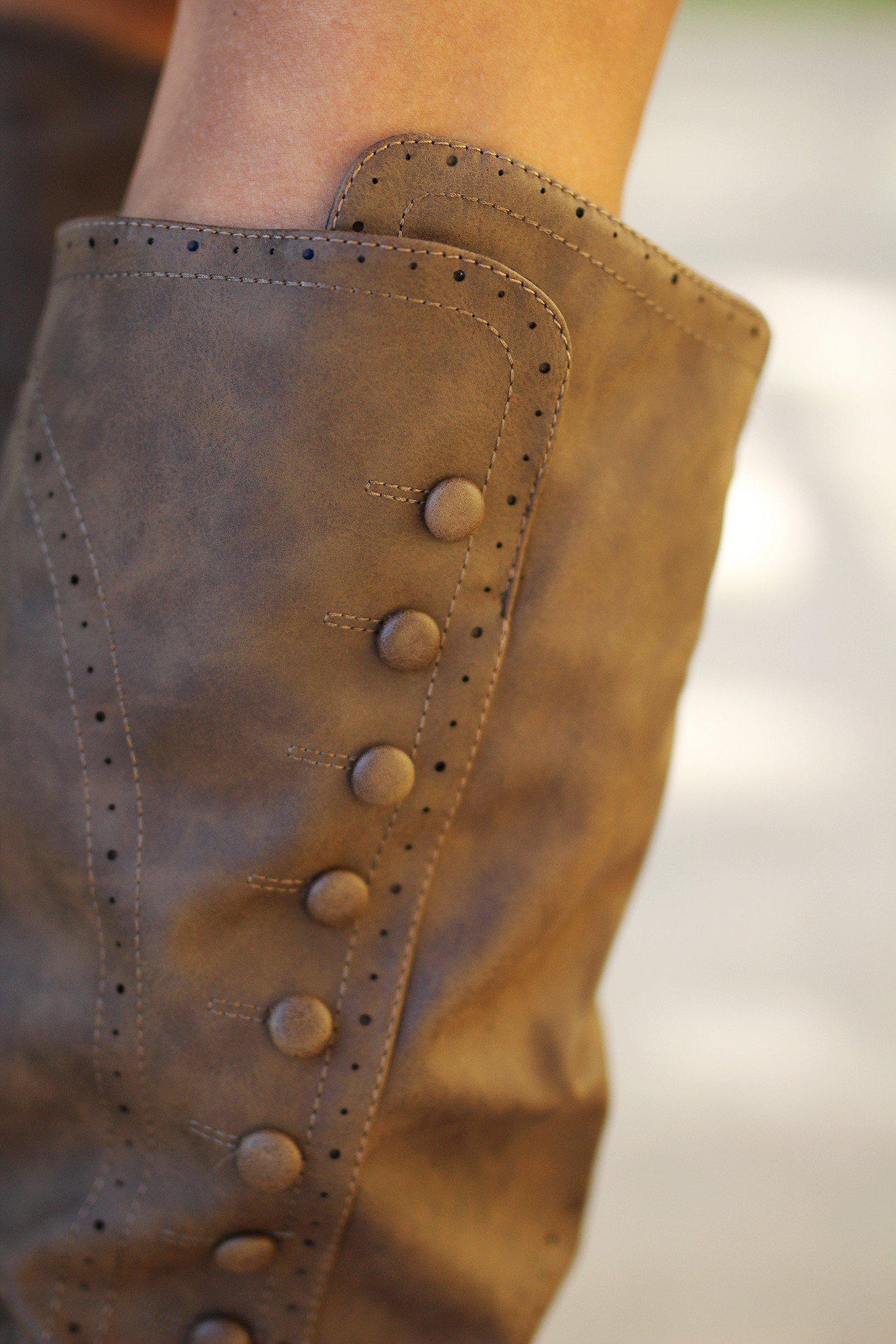 taupe boots with button details