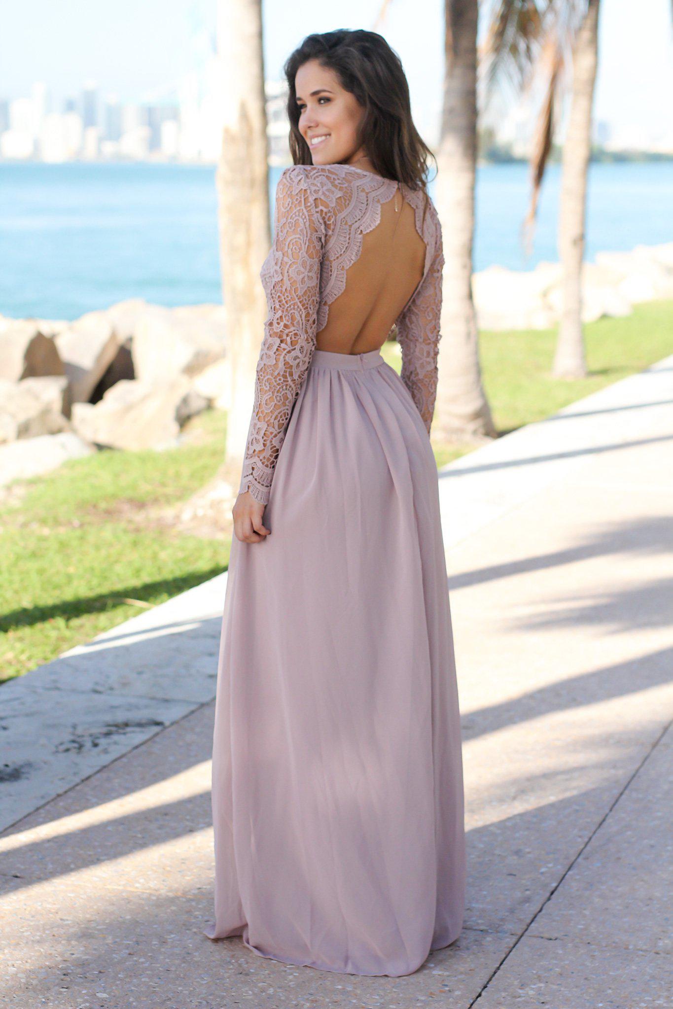 Tan Crochet Maxi Dress with Open Back and Long Sleeves