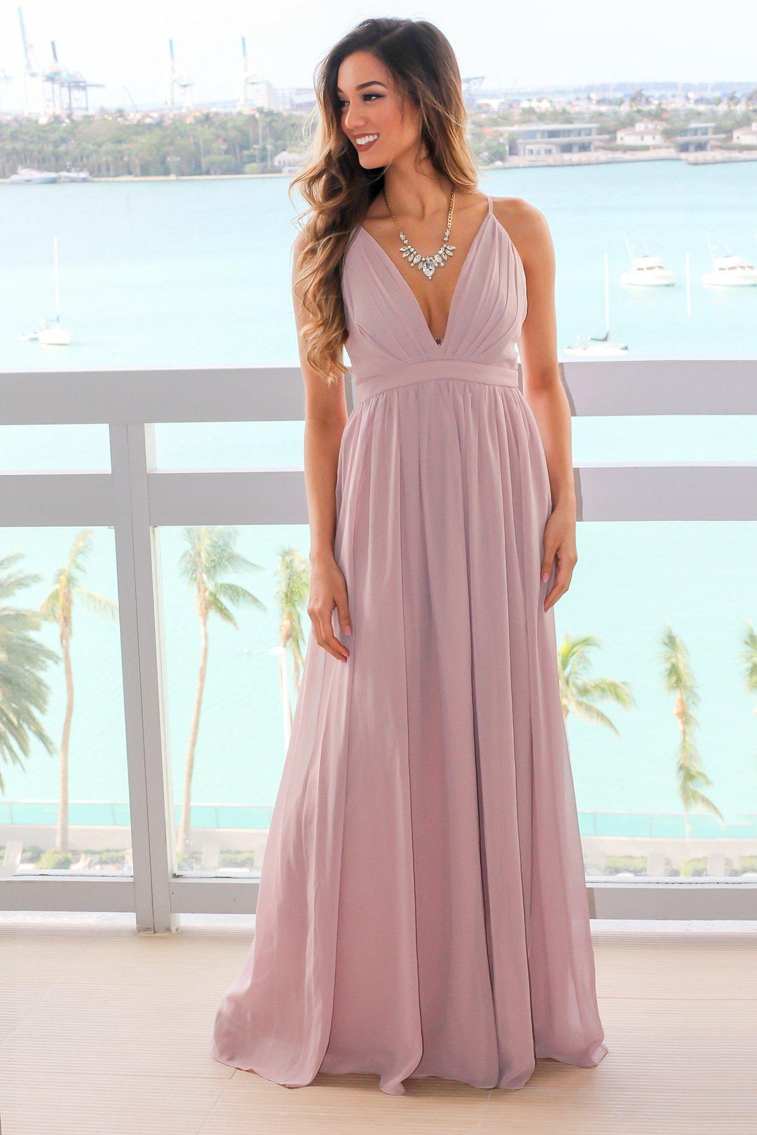 Long chiffon dress with low crisscross back on sale
