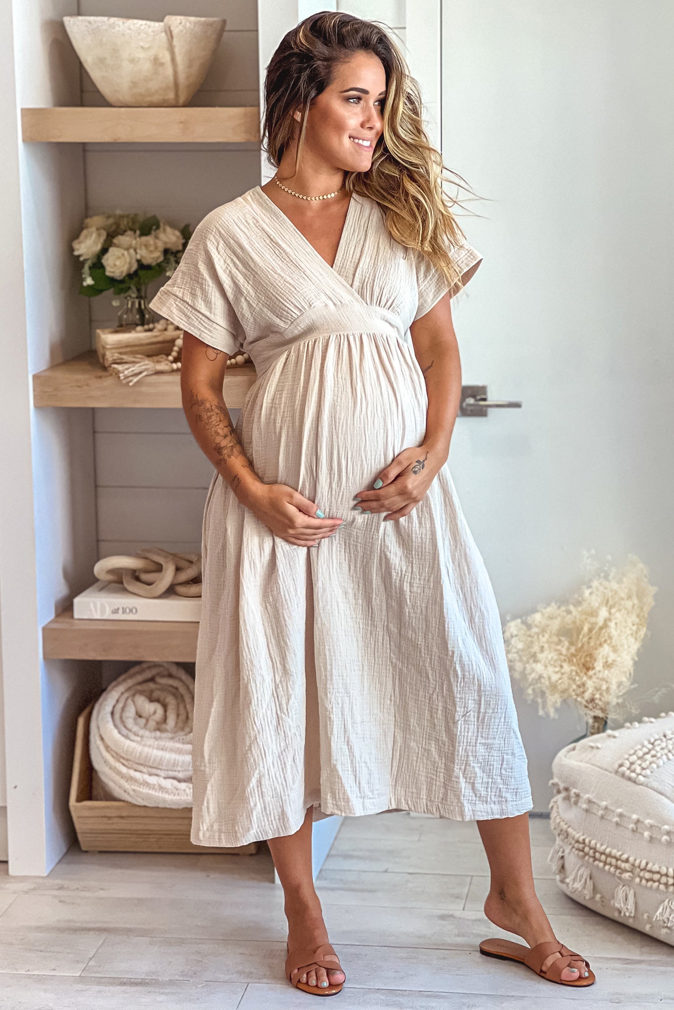 Taupe Maternity Midi Dress with Tie Back
