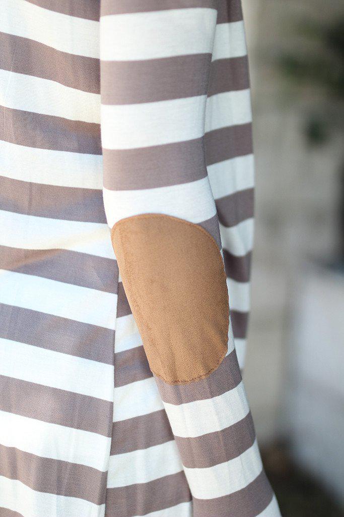 Taupe Striped Cardigan with Elbow Patches