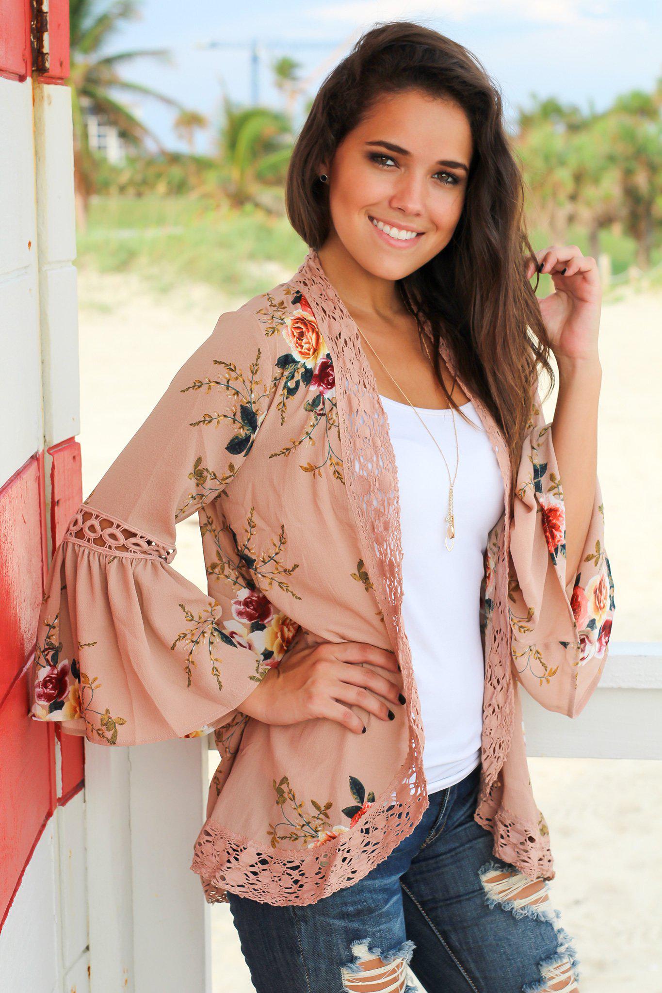 Taupe Floral Cardigan with Bell Sleeves