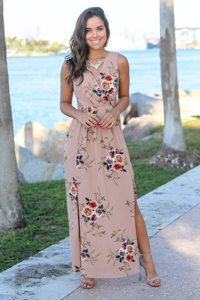 Taupe Floral Maxi Dress with Cut Outs