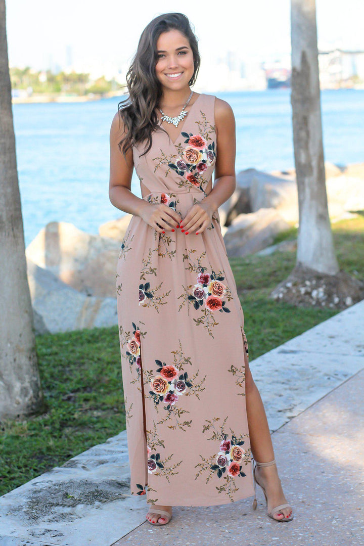 Taupe Floral Maxi Dress with Cut Outs | Maxi Dresses Saved by the Dress Taupe Floral Maxi Dress with Cut Outs | Maxi Dresses Saved by the Dress