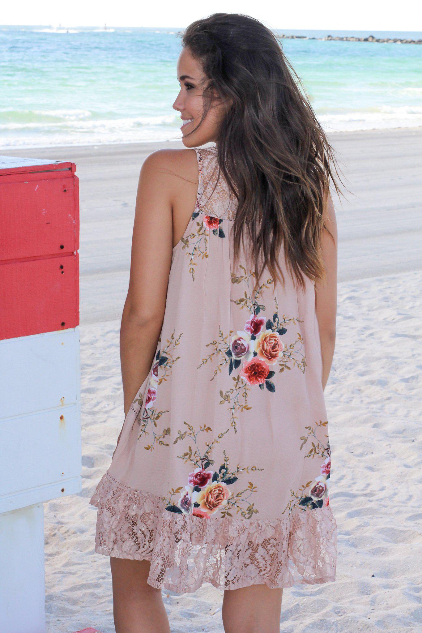 Taupe Floral Short Dress with Lace