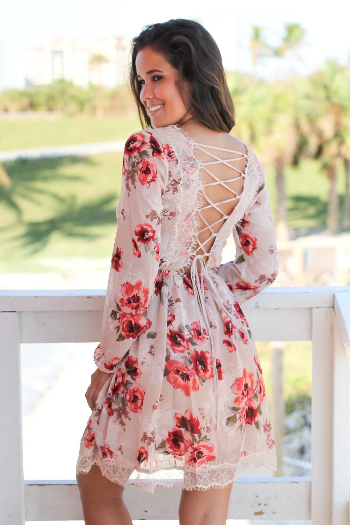 Taupe Floral Short Dress with Lace Up Back