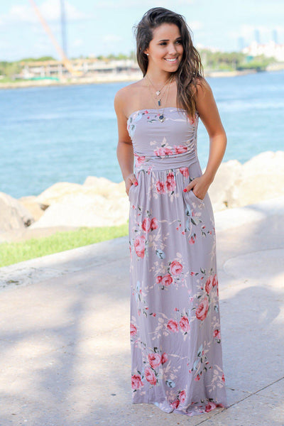 Taupe Floral Strapless Maxi Dress with Pockets