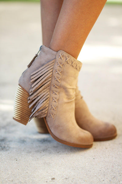 taupe ladies boots with fringe details