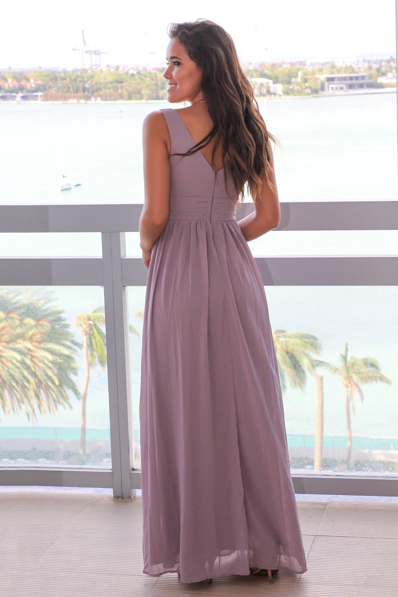 Taupe Gray V-Neck Maxi Dress with Pleated Top