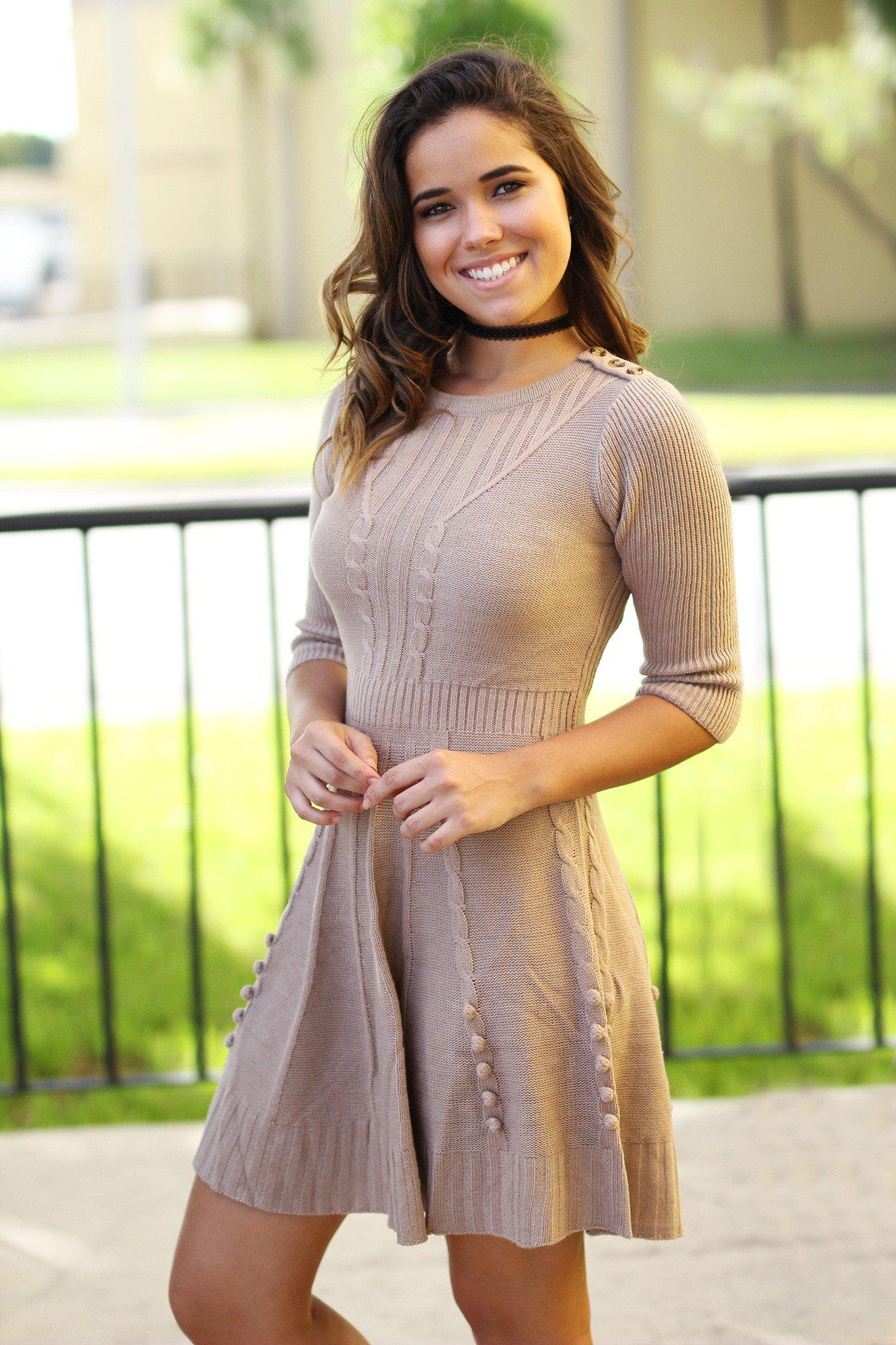 taupe knit short dress with pom poms