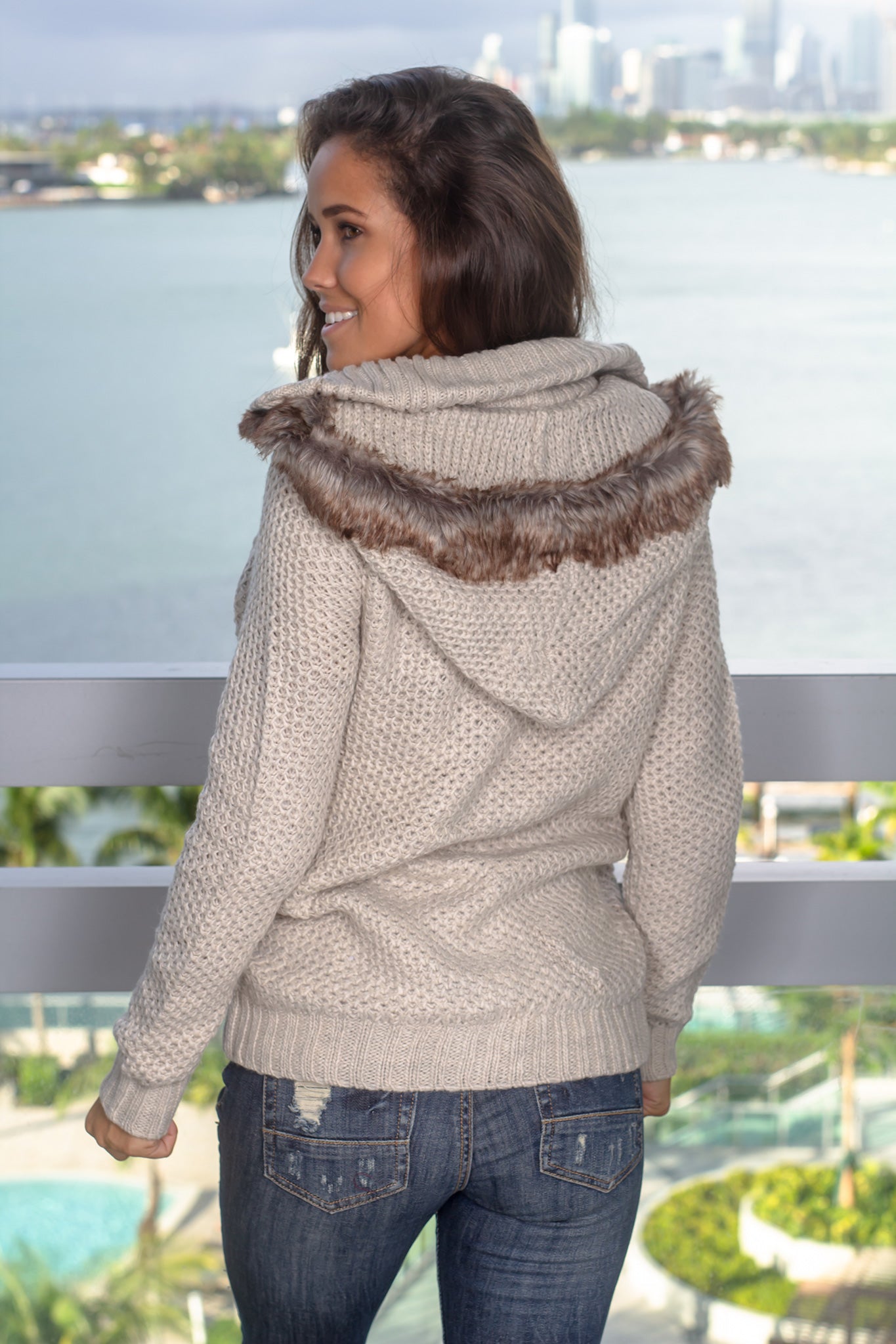 Taupe Knit Sweater with Fur Hood