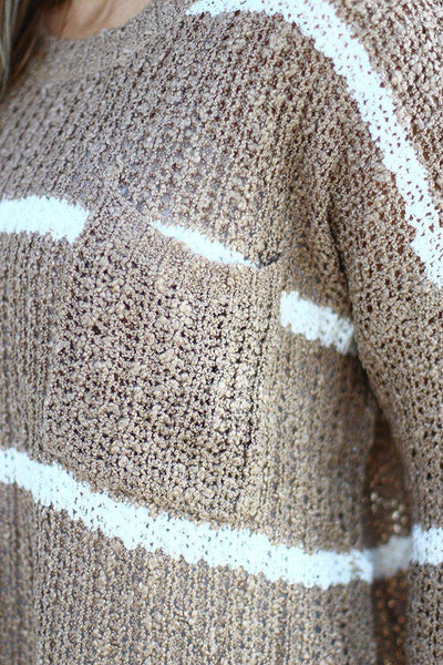 Taupe Striped Knit Sweater with Pocket