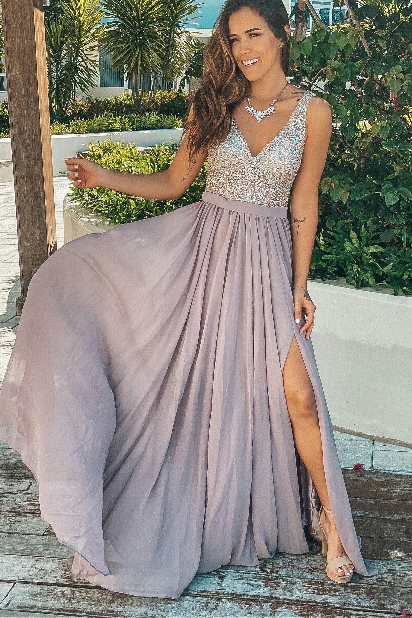 Taupe Maxi Dress with Silver Jewels