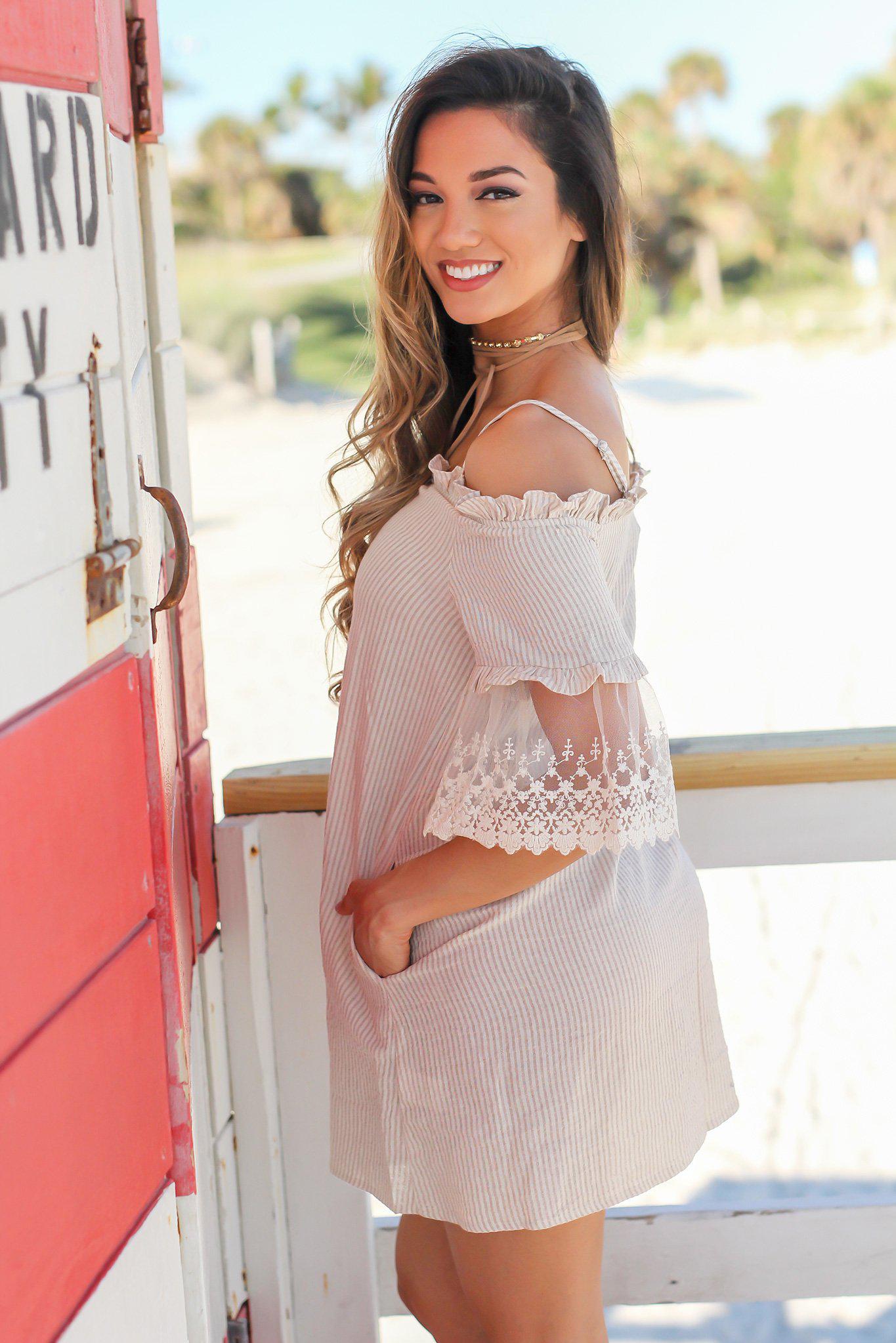 Taupe Off Shoulder Striped Short Dress with Lace Detail