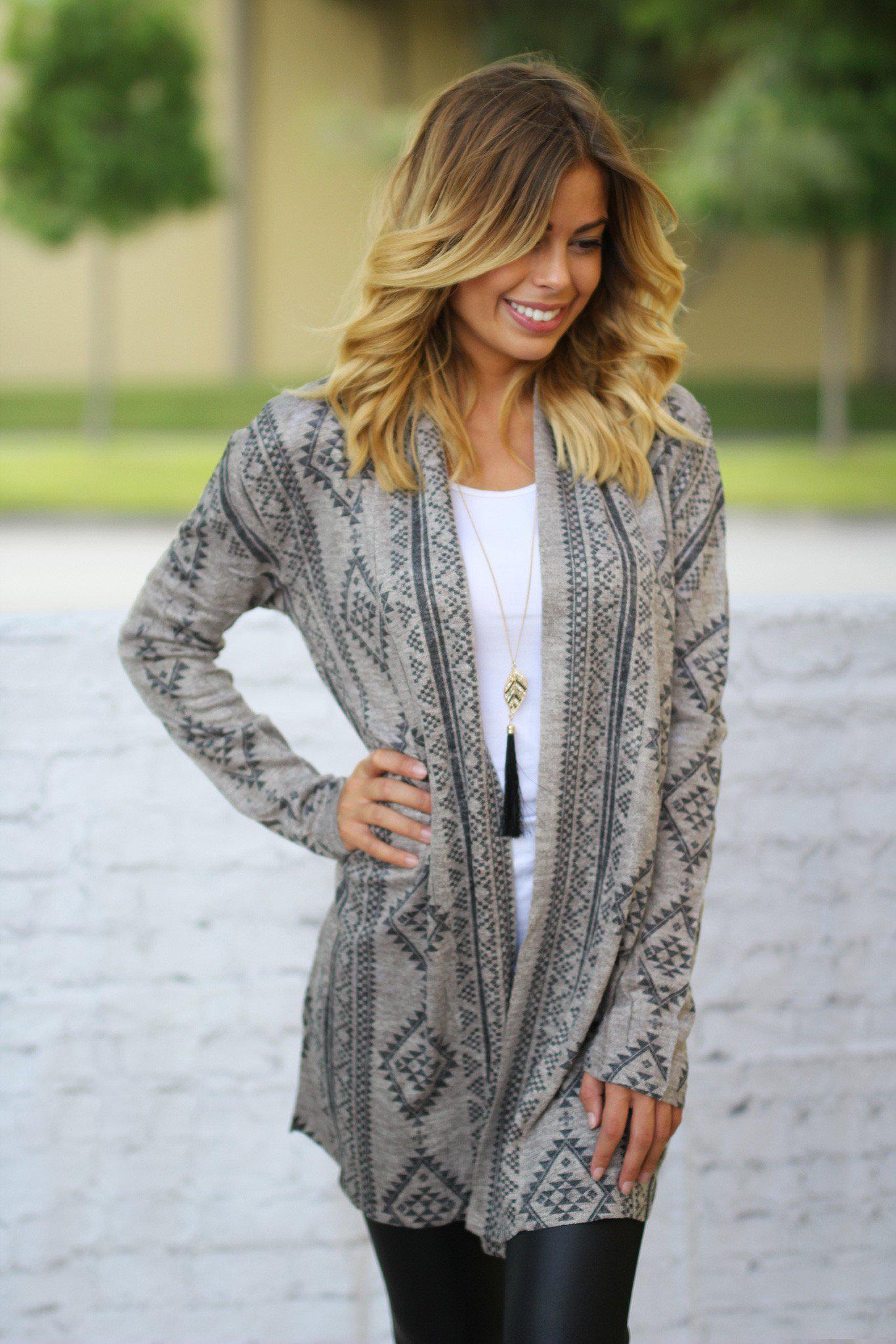 taupe open cardigan with geometric print