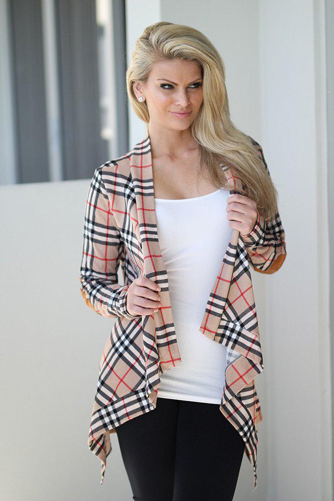 Taupe Plaid Cardigan With Elbow Patches