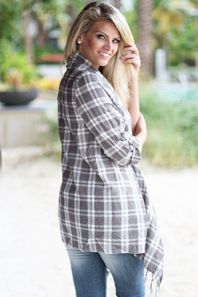 Plaid and fringe cardigan hotsell