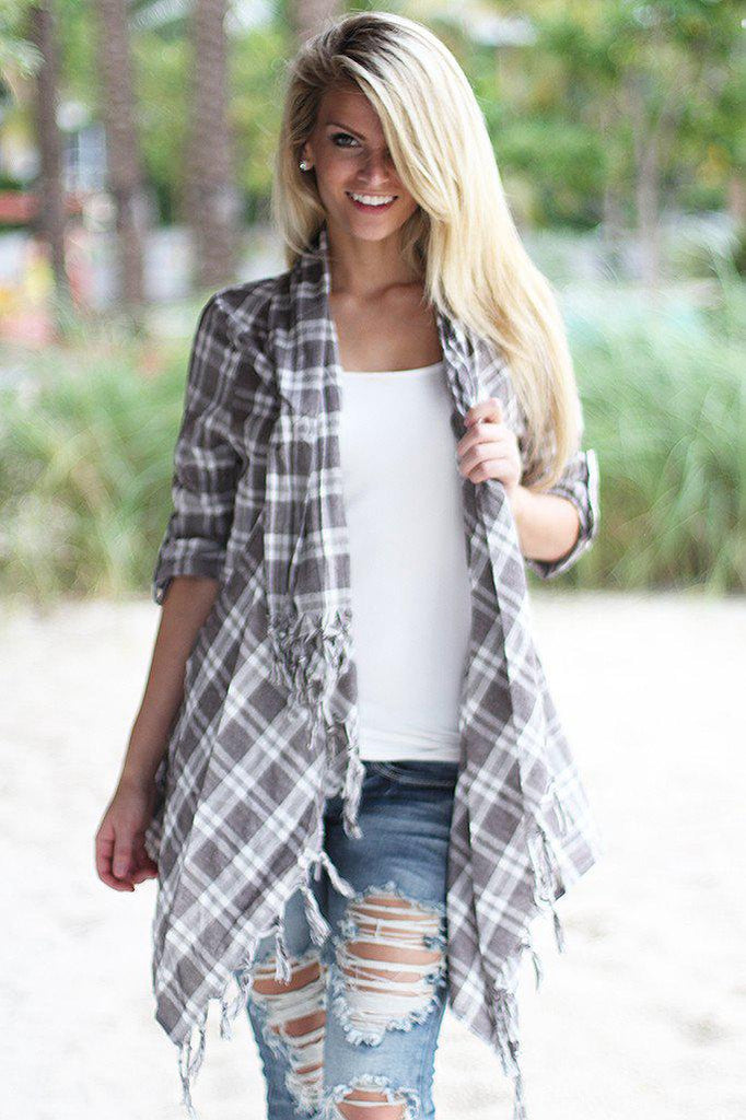 Taupe Plaid Fringe Cardigan Gray Cardigan Saved by the Dress